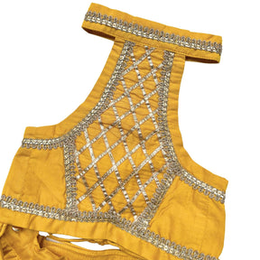 MUSTARD YELLOW LACE DETAILED HALTER NECK LEHENGA FOR DOGS AND CATS