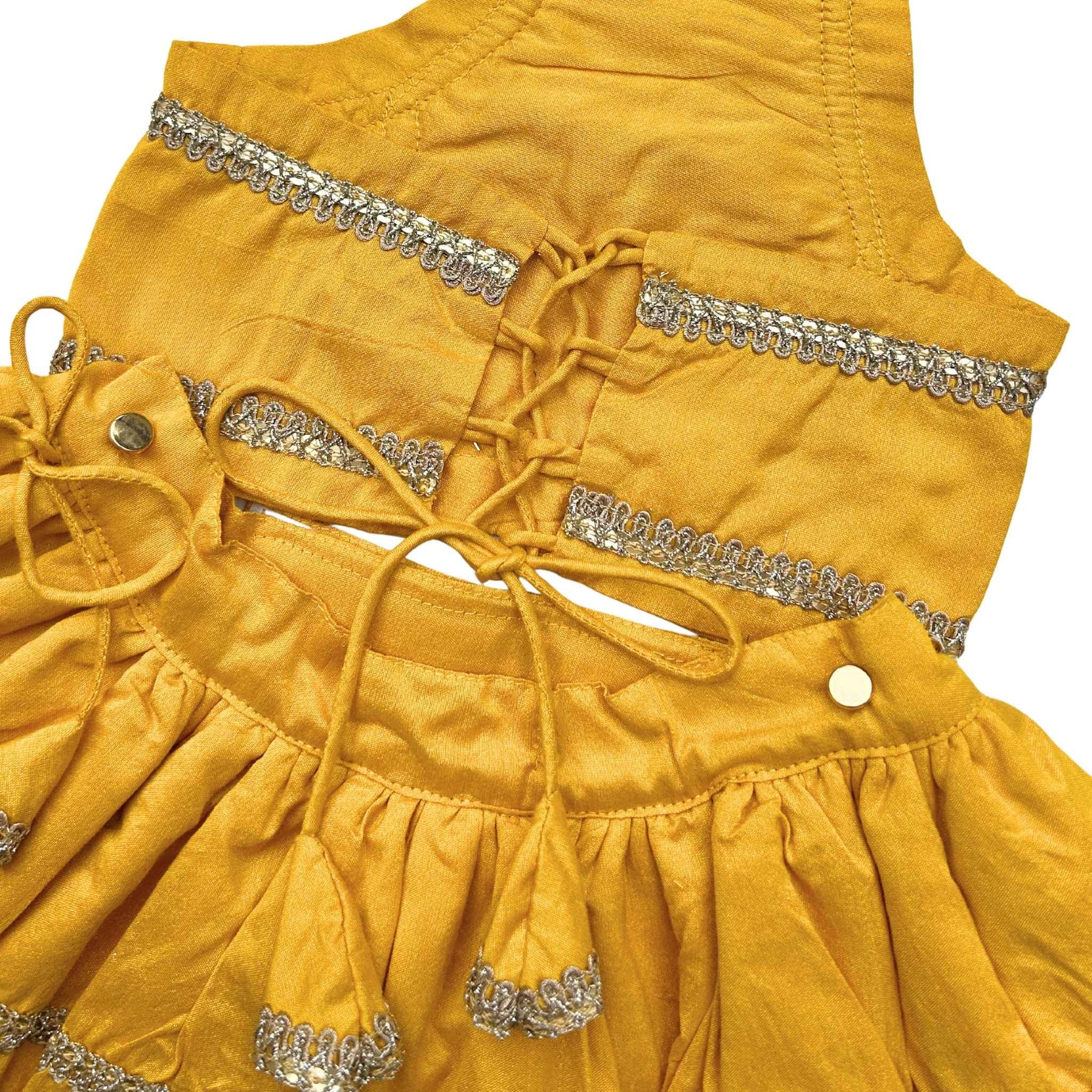 MUSTARD YELLOW LACE DETAILED HALTER NECK LEHENGA FOR DOGS AND CATS