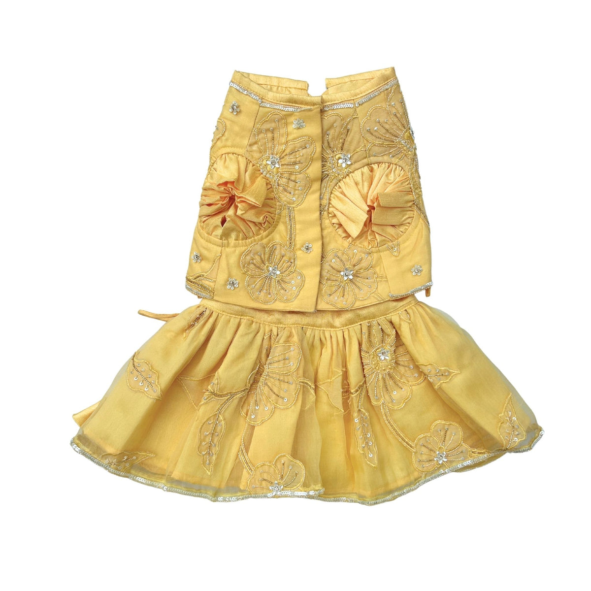 YELLOW BEADED FLOWER APPLIQUE HAND EMBROIDERED LEHENGA FOR DOGS AND CATS
