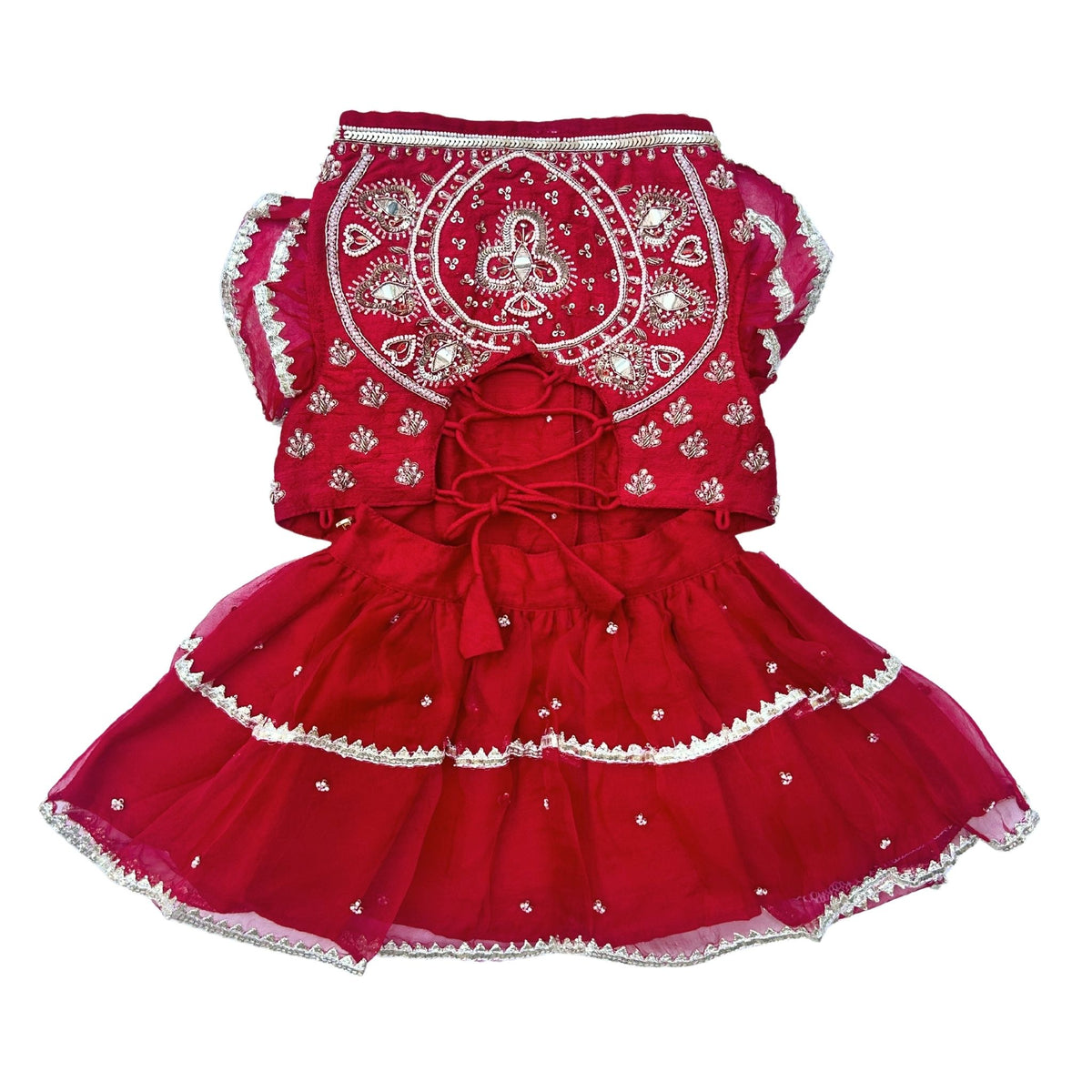RED WHITE PATTA HAND EMBROIDERED DOG LEHENGA