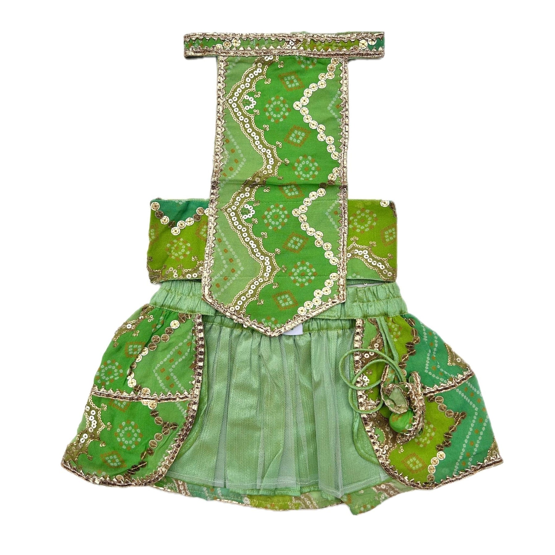 GREEN CHEVRON LEHENGA + LIGHT GREEN BONE RAKHI FOR DOGS AND CATS