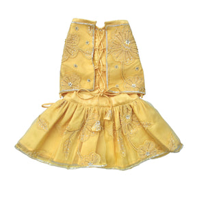 YELLOW BEADED FLOWER APPLIQUE HAND EMBROIDERED LEHENGA FOR DOGS AND CATS