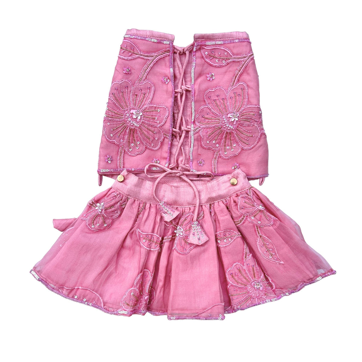 PINK BEADED FLOWER APPLIQUE HAND EMBROIDERED LEHENGA FOR DOGS AND CATS