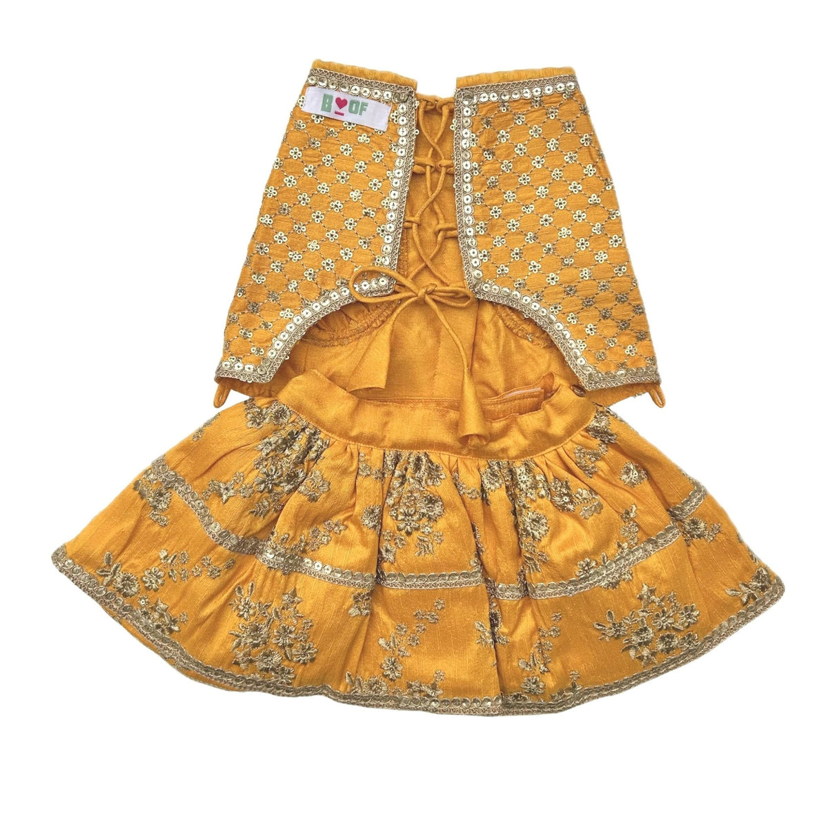 SUN YELLOW GOLD DOG LEHENGA+YELLOW PAW-SOME RAKHI FOR DOGS AND CATS