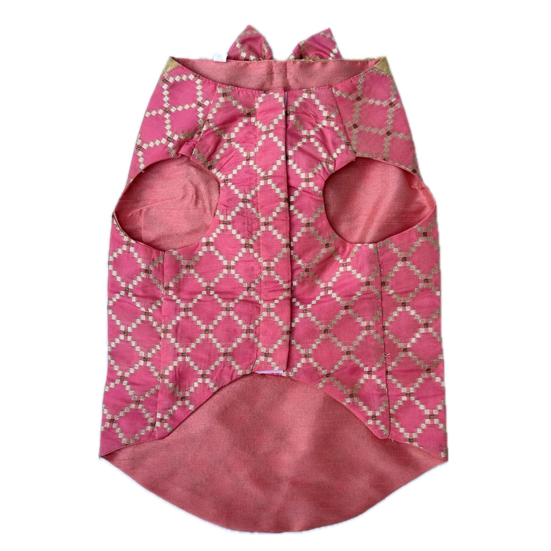 PINK BROCADE BOW DOG SHERWANI+LIGHT PINK PEARL RAKHI FOR DOGS AND CATS