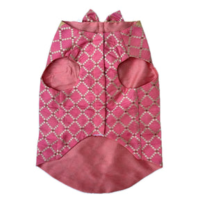PINK BROCADE BOW DOG SHERWANI+LIGHT PINK PEARL RAKHI FOR DOGS AND CATS