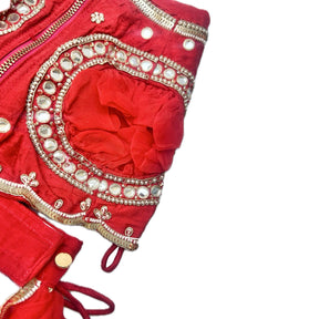 RED HAND EMBROIDERED MIRROR WORK DOG LEHENGA