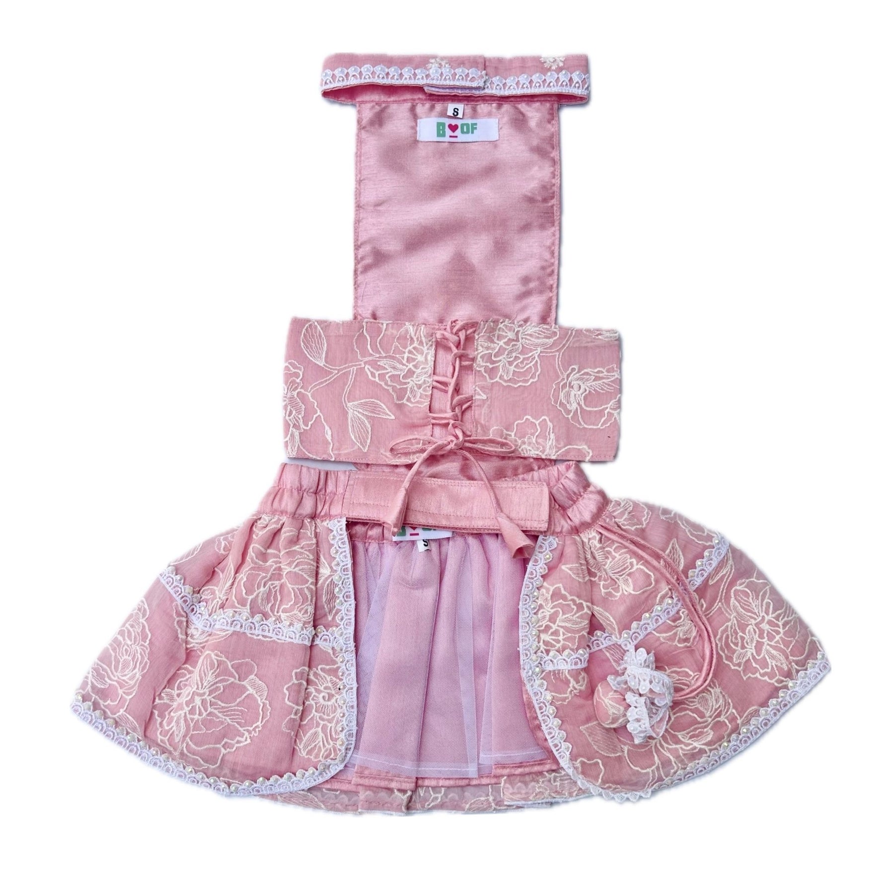 BLUSH PINK OFF-WHITE EMBROIDERY LEHENGA + PEARL BONE RAKHI FOR DOGS AND CATS