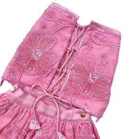 PINK BEADED FLOWER APPLIQUE HAND EMBROIDERED LEHENGA FOR DOGS AND CATS