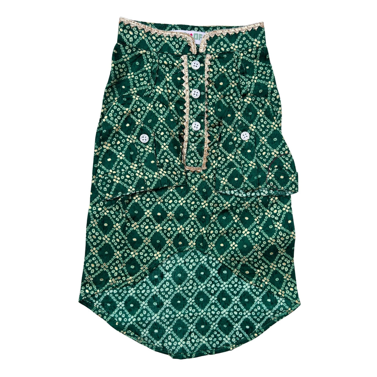 GREEN BANDHANI COTTON KURTA + BONE RAKHI FOR DOGS AND CATS