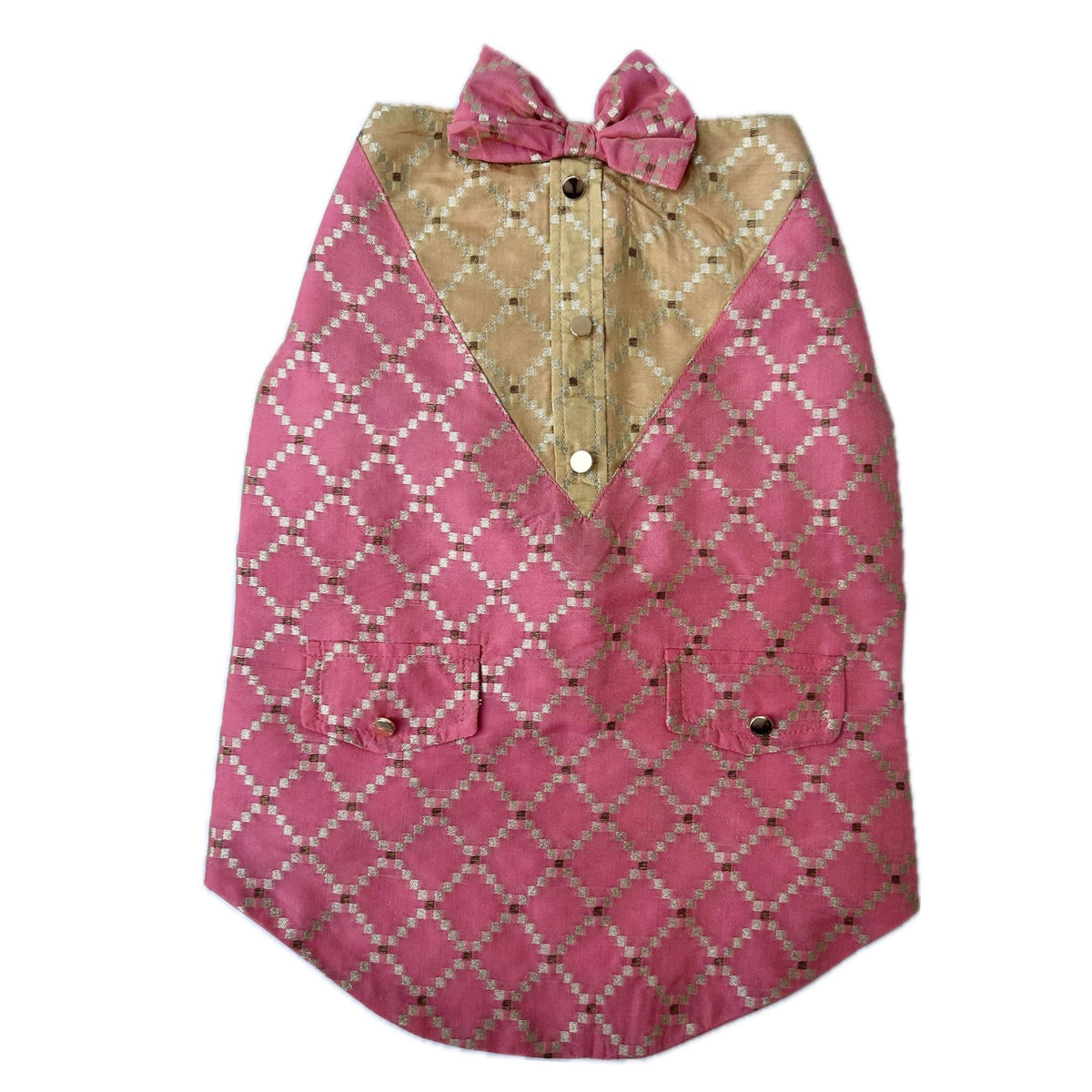 PINK BROCADE BOW DOG SHERWANI+LIGHT PINK PEARL RAKHI FOR DOGS AND CATS