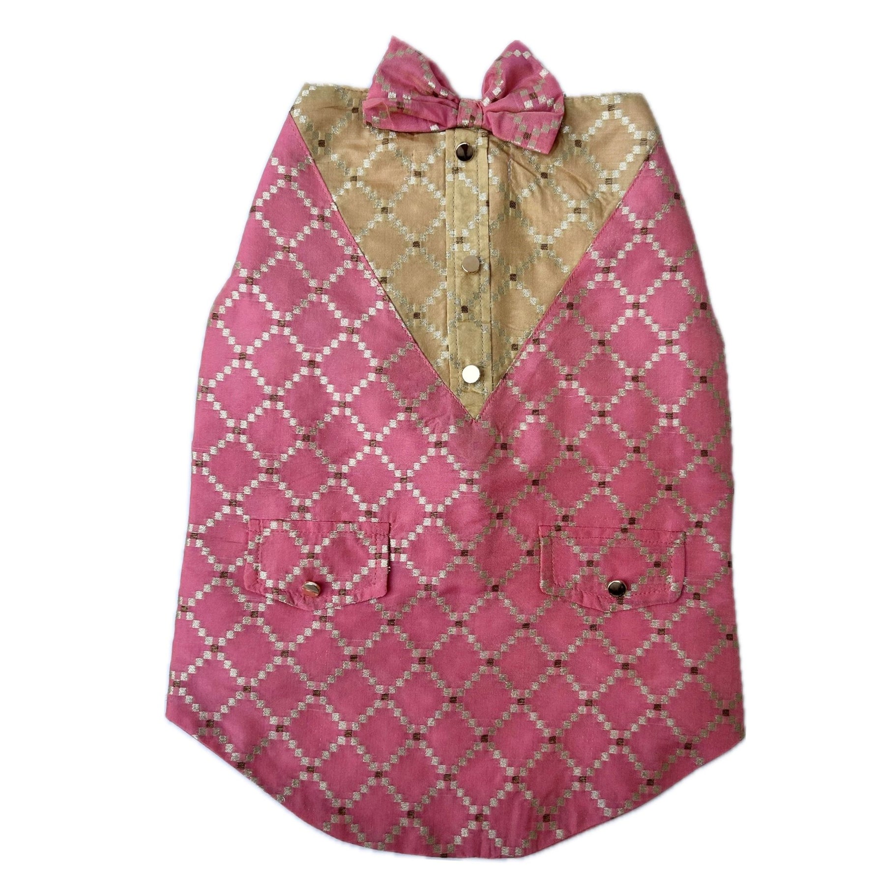 PINK BROCADE BOW DOG SHERWANI+LIGHT PINK PEARL RAKHI FOR DOGS AND CATS