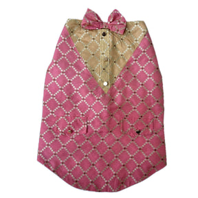 PINK BROCADE BOW DOG SHERWANI+LIGHT PINK PEARL RAKHI FOR DOGS AND CATS