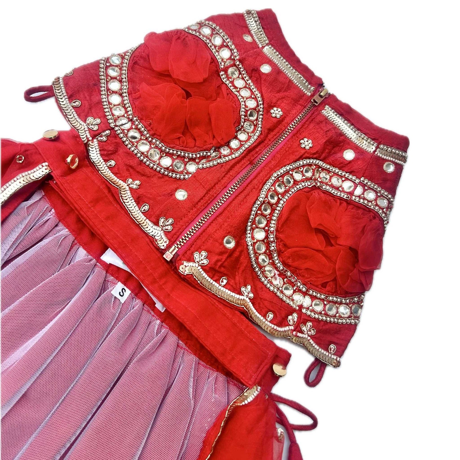 RED HAND EMBROIDERED MIRROR WORK DOG LEHENGA
