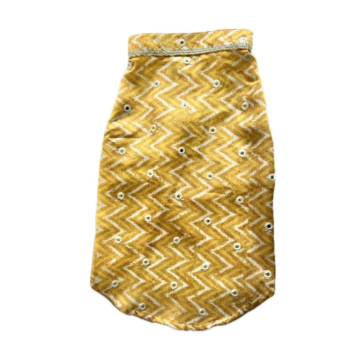 YELLOW CHEVRON MIRROR DOG KURTA+SILVER YELLOW PEARL BONE RAKHI FOR DOGS AND CATS
