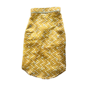 YELLOW CHEVRON MIRROR DOG KURTA+SILVER YELLOW PEARL BONE RAKHI FOR DOGS AND CATS