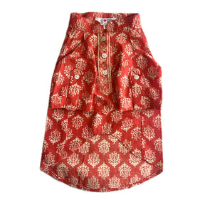 RED COTTON BUTA DOG KURTA + RED BONE RAKHI FOR DOGS AND CATS