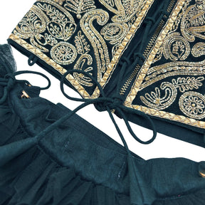 MIDNIGHT GREEN VELVET PITTA WORK DOG LEHENGA