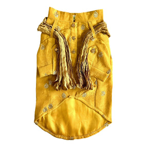 MUSTARD YELLOW TISSUE BUTI DOG KURTA+SILVER YELLOW PEARL BONE RAKHI FOR DOGS AND CATS