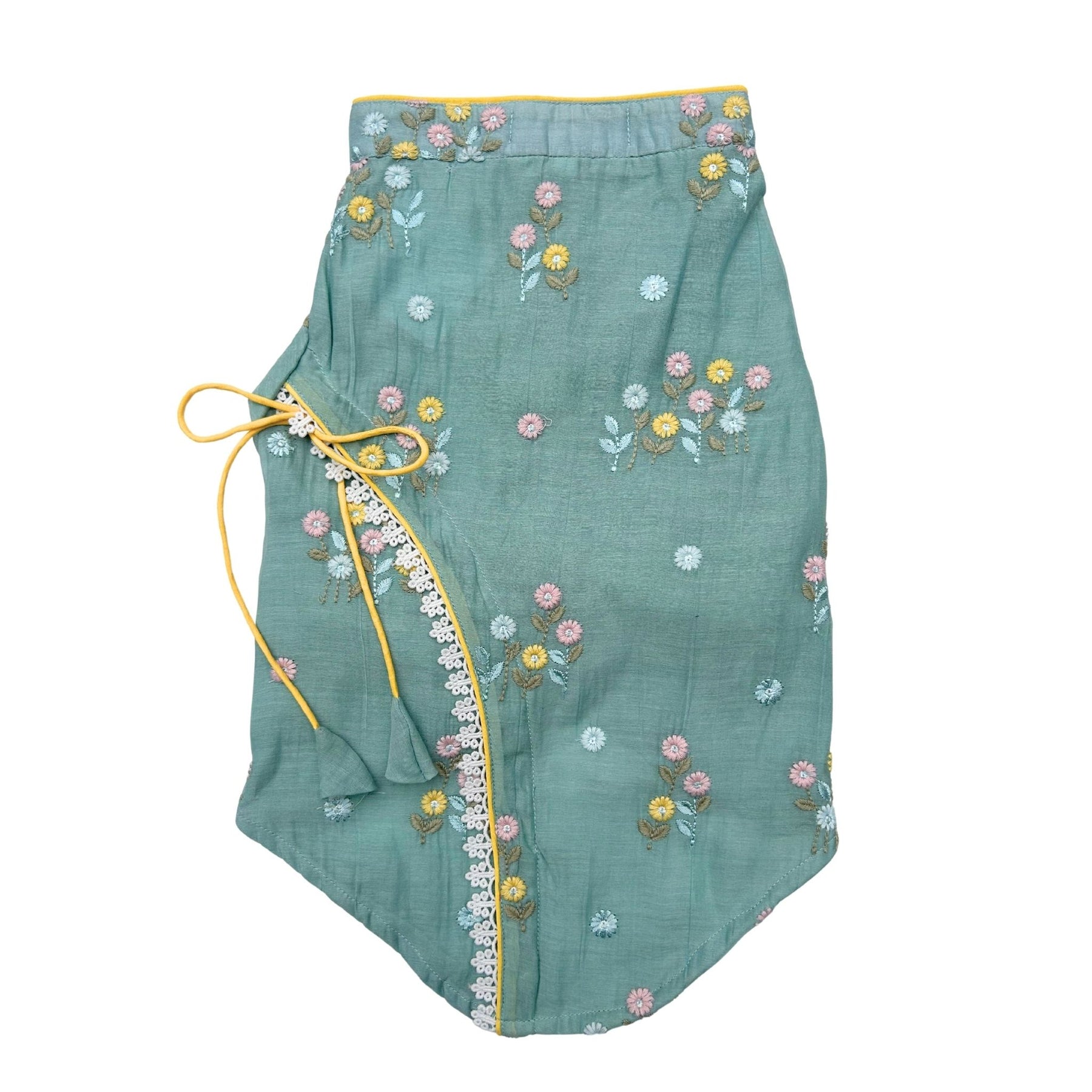 TEAL BLUE FLOWER EMBROIDERED DOG KURTA+AQUA GREEN PEARL BONE RAKHI FOR DOGS AND CATS