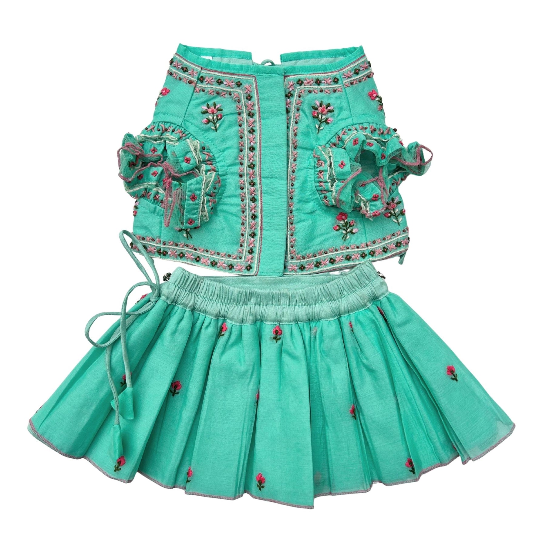 GULDASTA THREAD EMBROIDERED TEAL LEHENGA FOR DOGS AND CATS