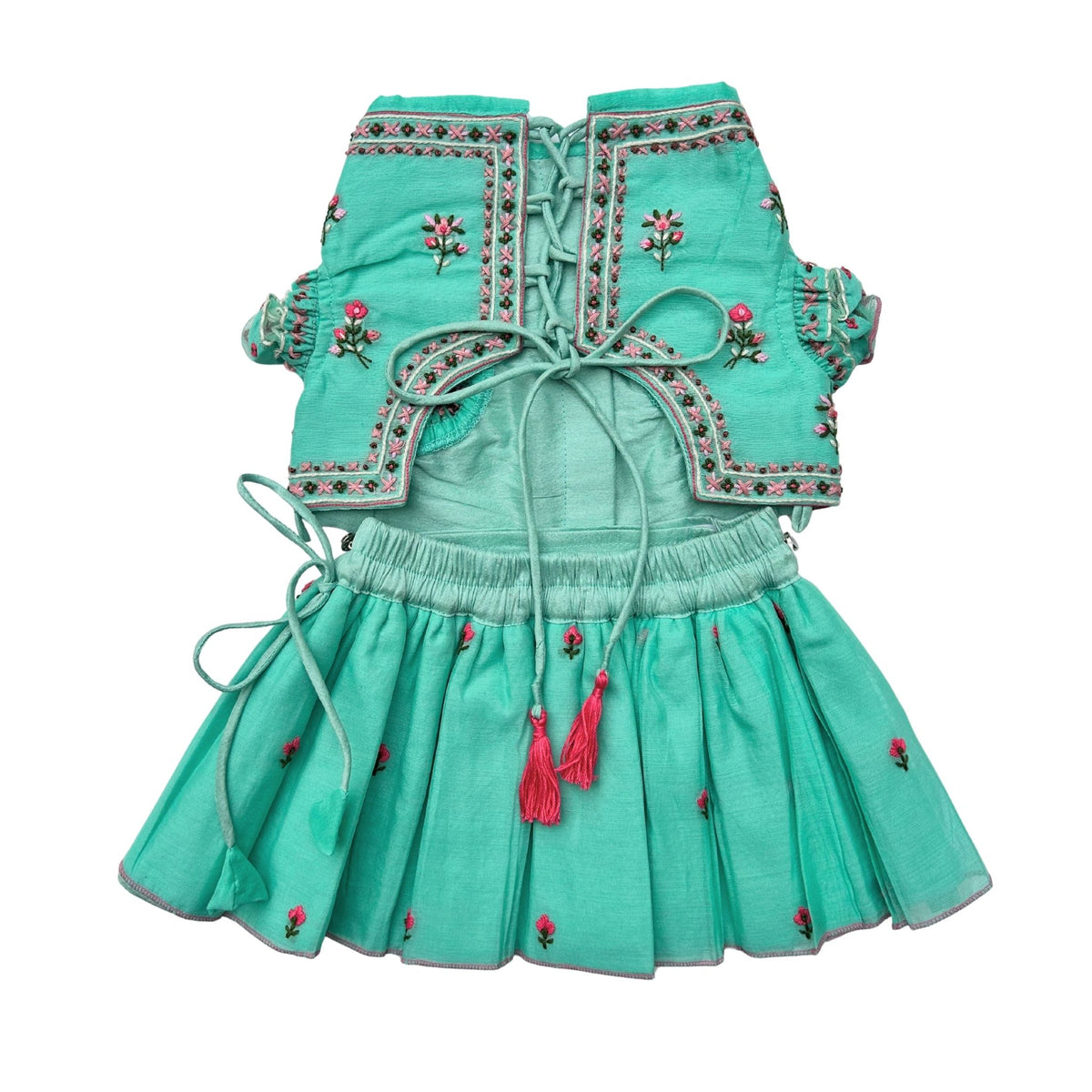 GULDASTA THREAD EMBROIDERED TEAL LEHENGA FOR DOGS AND CATS