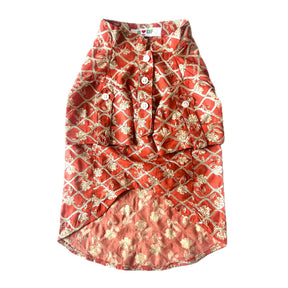 CARROT RED BLOCK PRINT GOTA DOG KURTA+RED BONE RAKHI FOR DOGS AND CATS