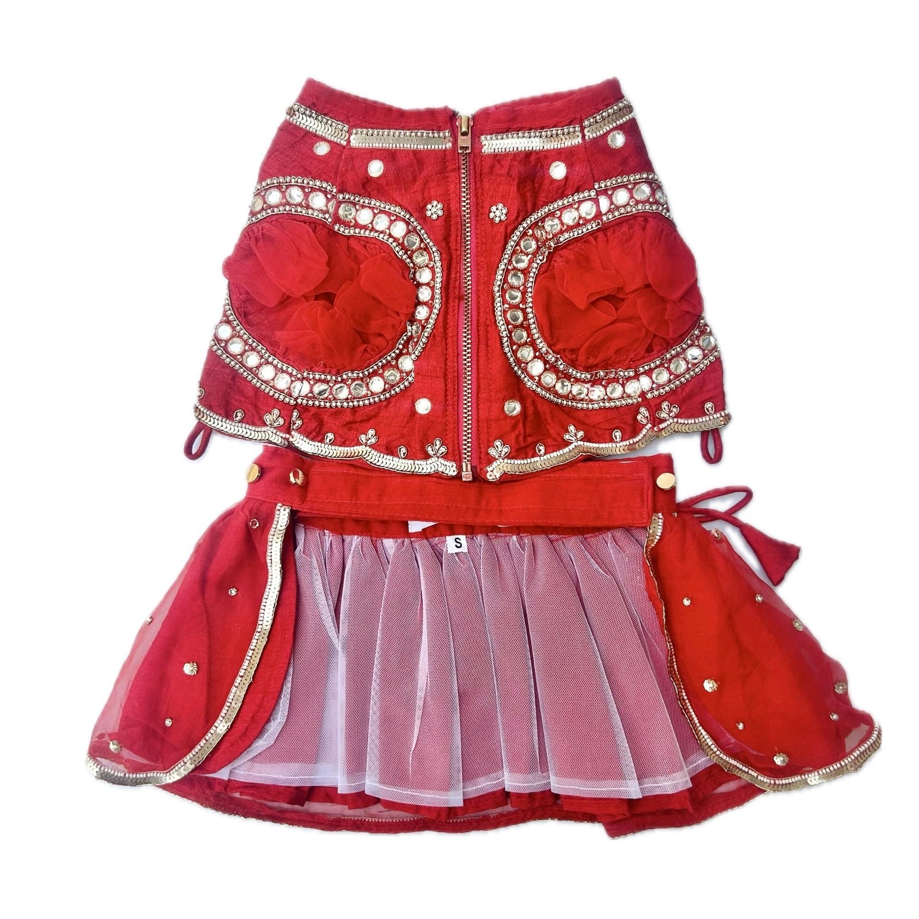 RED HAND EMBROIDERED MIRROR WORK DOG LEHENGA