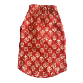 RED COTTON BUTA DOG KURTA + RED BONE RAKHI FOR DOGS AND CATS
