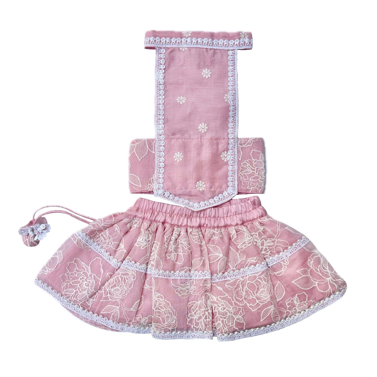 BLUSH PINK OFF-WHITE EMBROIDERY LEHENGA + PEARL BONE RAKHI FOR DOGS AND CATS
