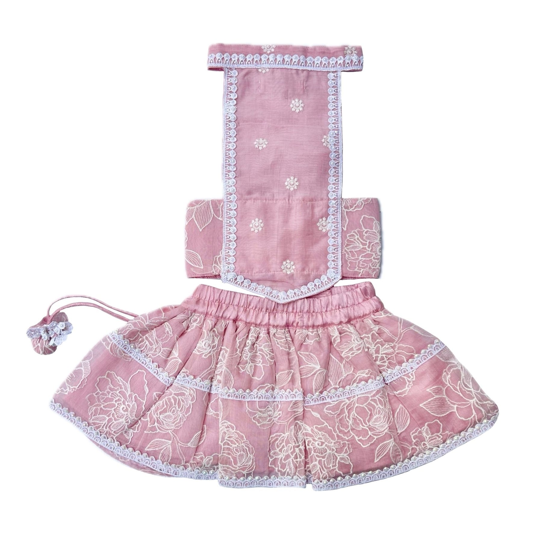 BLUSH PINK OFF-WHITE EMBROIDERY LEHENGA + PEARL BONE RAKHI FOR DOGS AND CATS