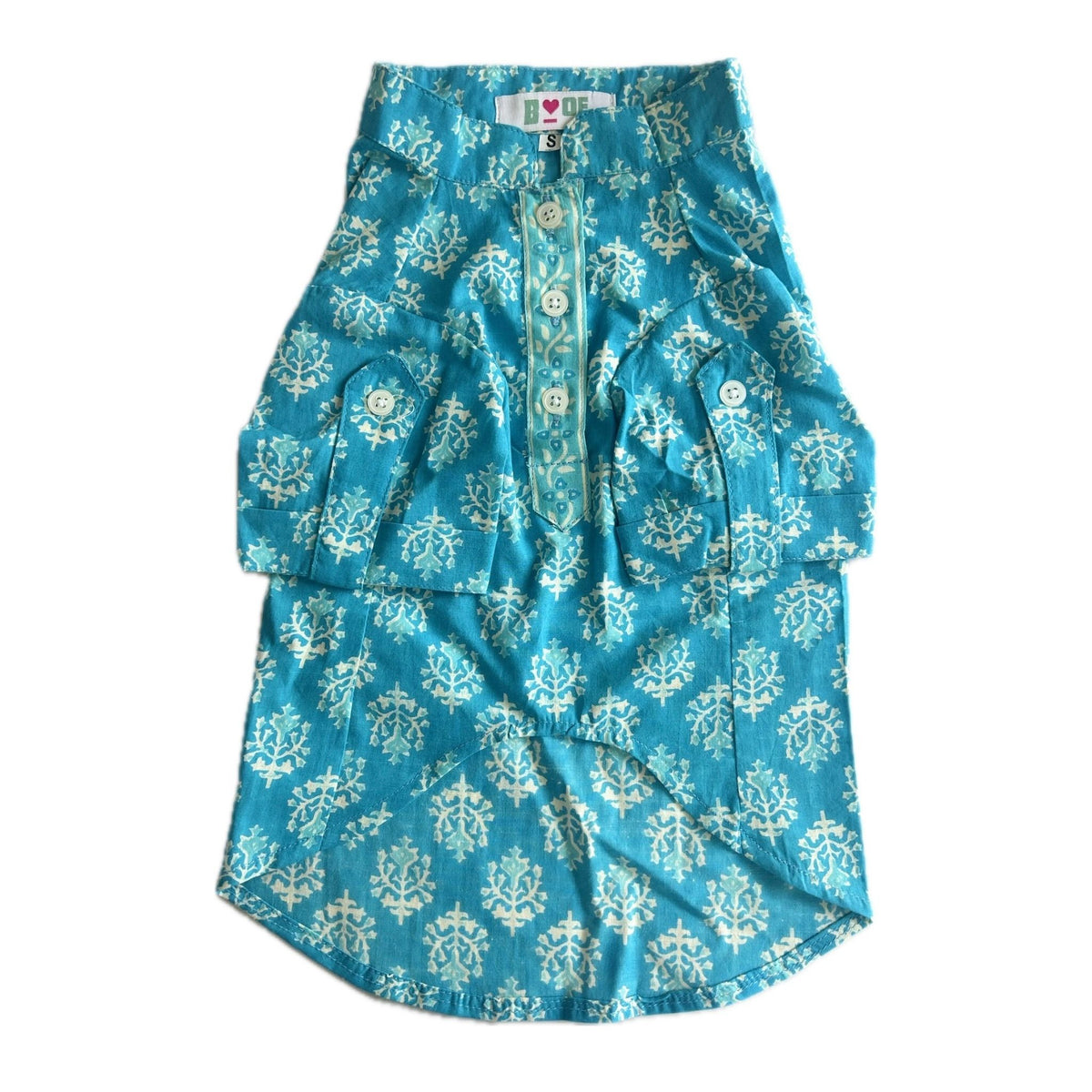 BLUE COTTON BUTA DOG KURTA+BLUE BONE RAKHI FOR DOGS AND CATS