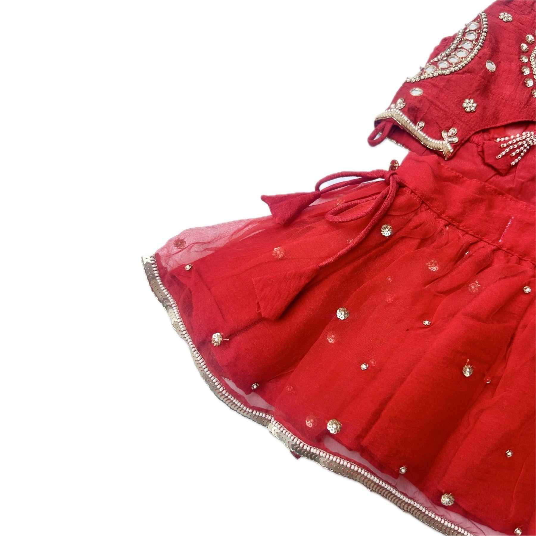 RED HAND EMBROIDERED MIRROR WORK DOG LEHENGA