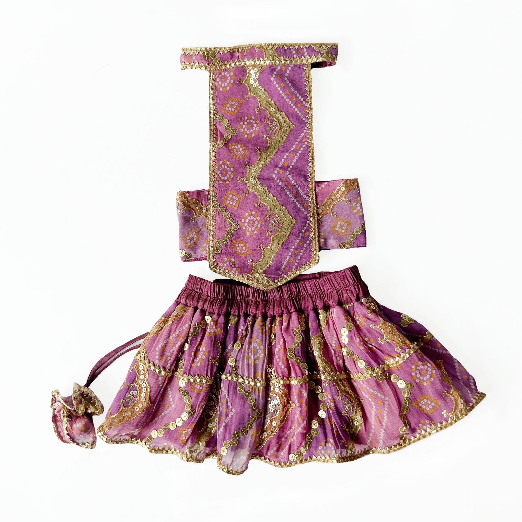 PURPLE CHEVRON LEHENGA + PINK BONE RAKHI FOR DOGS AND CATS