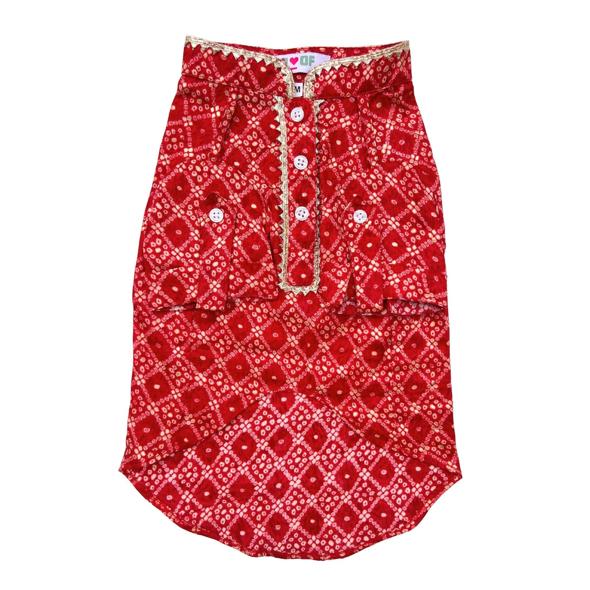 RED BANDHANI COTTON KURTA + BONE RAKHI FOR DOGS AND CATS