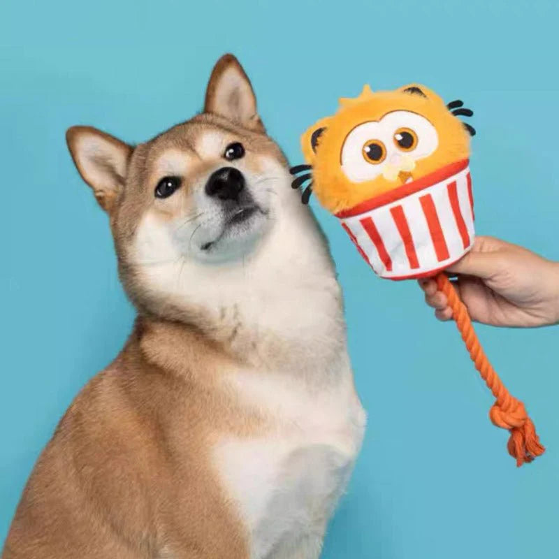 POPCORN ROPE PLUSH AND SQUEAKY DOG TOY