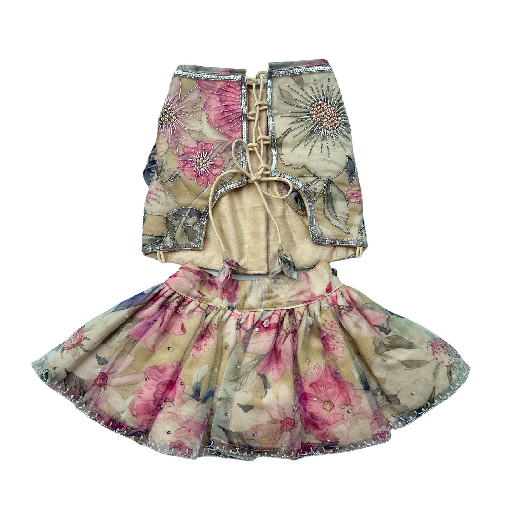 BEIGE GULNOOR PRINTED HAND EMBROIDERED LEHENGA FOR DOGS AND CATS