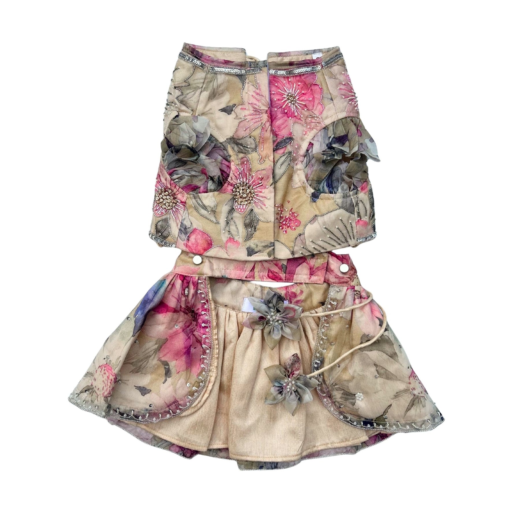 BEIGE GULNOOR PRINTED HAND EMBROIDERED LEHENGA FOR DOGS AND CATS