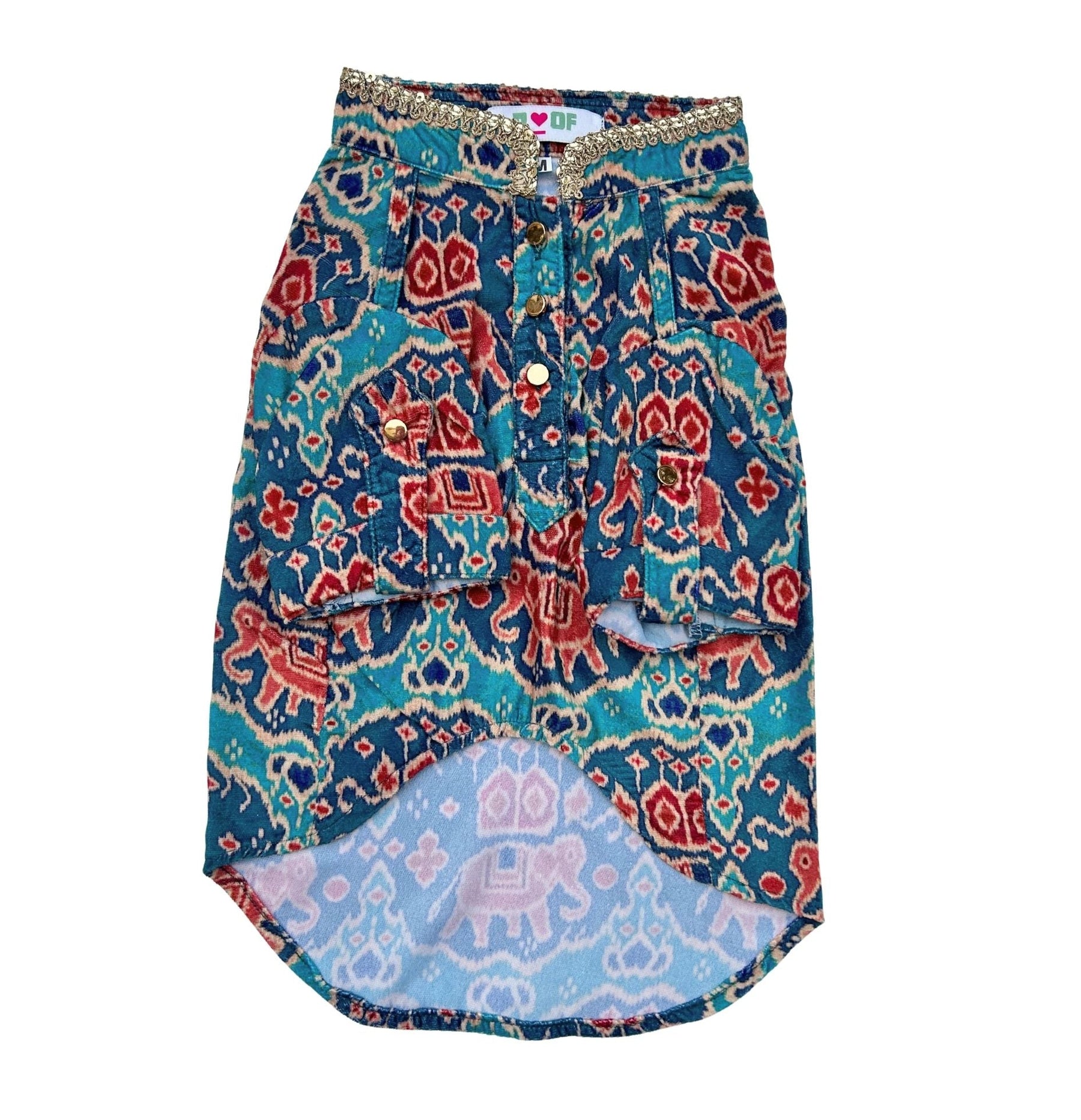 TEAL BLUE IKAT VELVET KURTA FOR DOGS AND CATS + BLUE HEART RAKHI FOR DOGS AND CATS