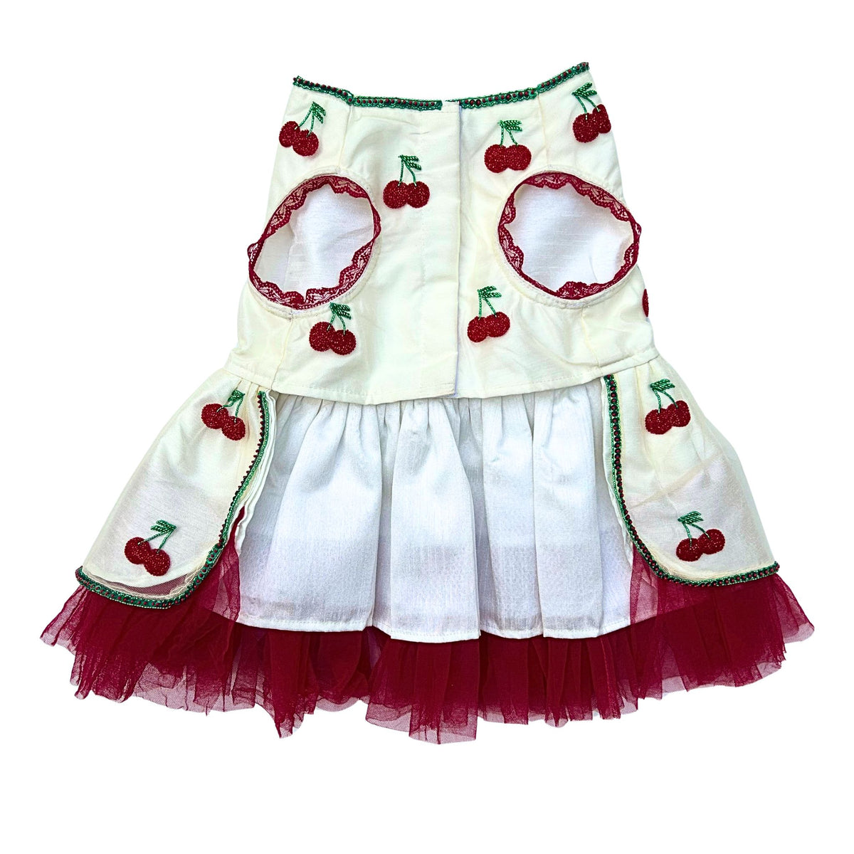 OFF-WHITE RED CHERRIES HAND EMBROIDERED TUTU DRESS FOR DOGS AND CATS