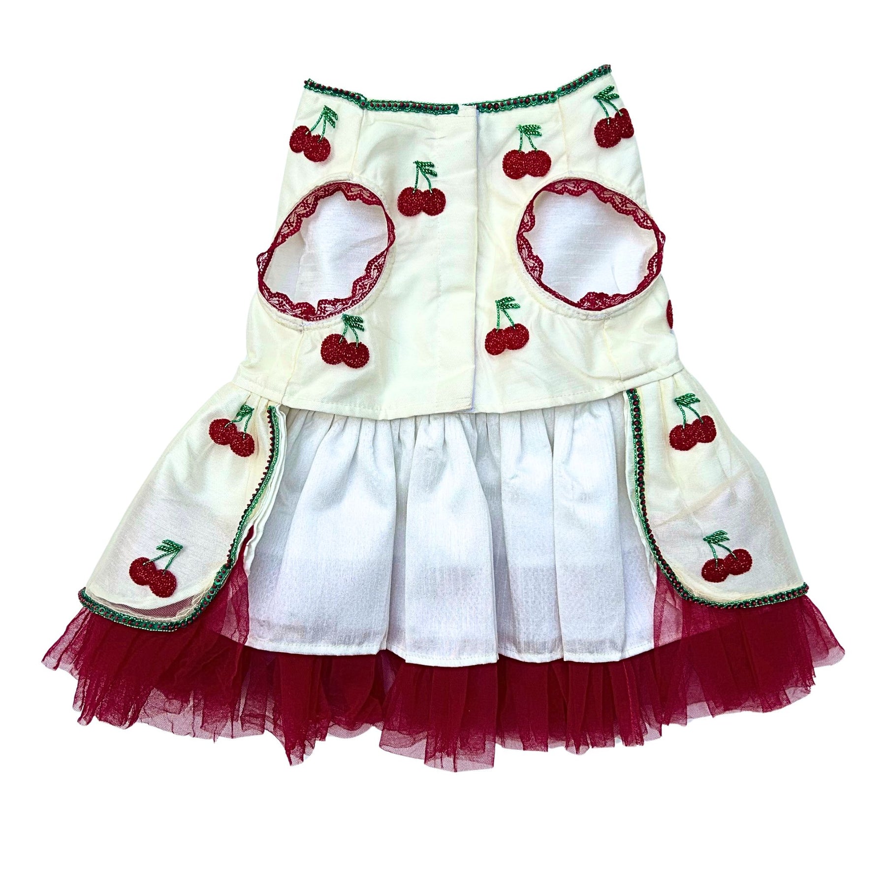 OFF-WHITE RED CHERRIES HAND EMBROIDERED TUTU DRESS FOR DOGS AND CATS