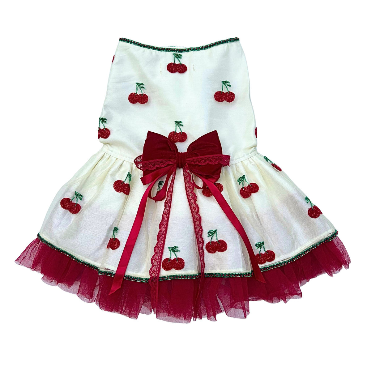 OFF-WHITE RED CHERRIES HAND EMBROIDERED TUTU DRESS FOR DOGS AND CATS
