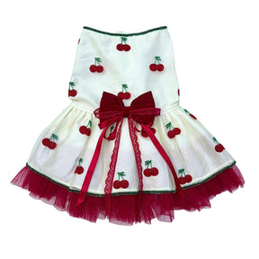 OFF-WHITE RED CHERRIES HAND EMBROIDERED TUTU DRESS FOR DOGS AND CATS
