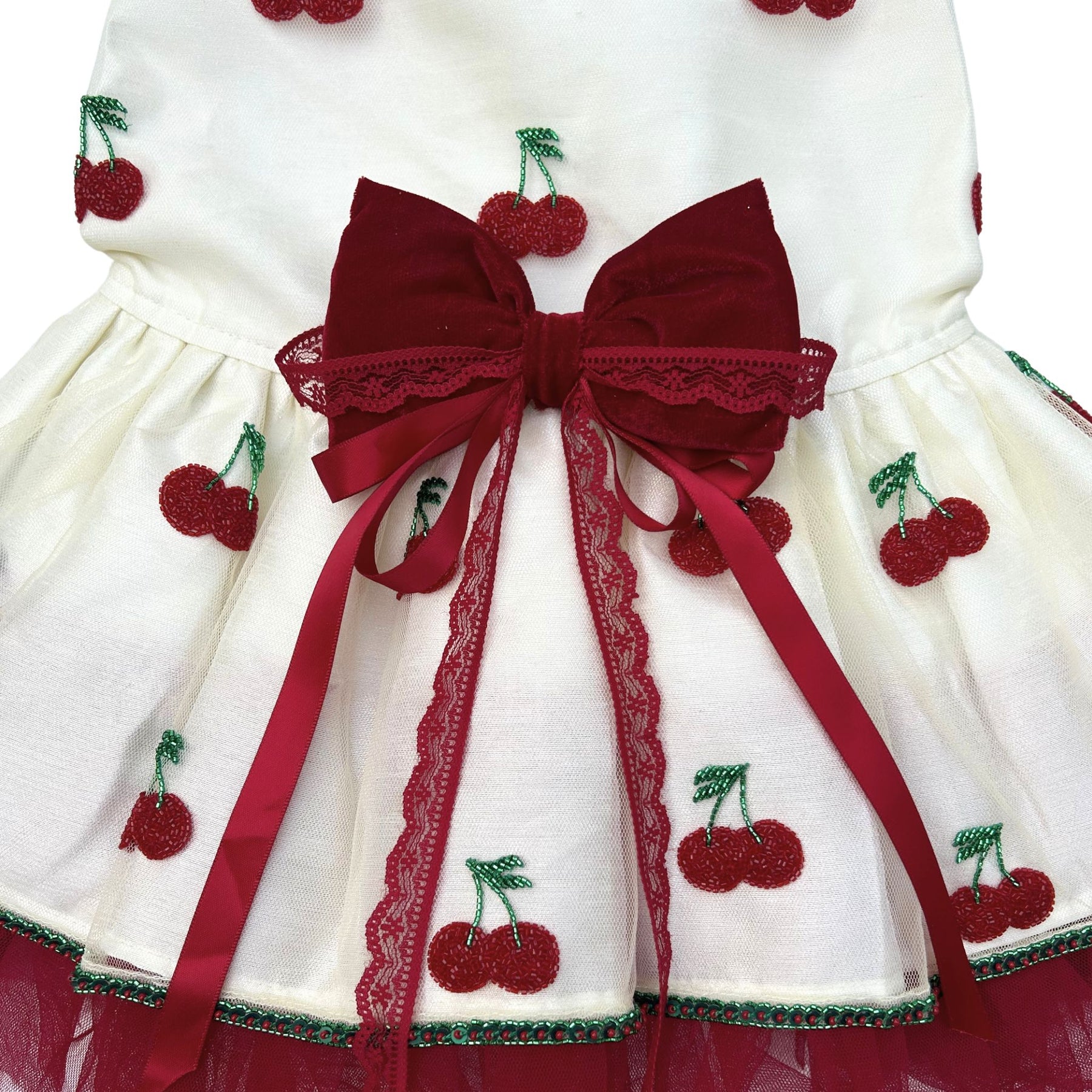 OFF-WHITE RED CHERRIES HAND EMBROIDERED TUTU DRESS FOR DOGS AND CATS