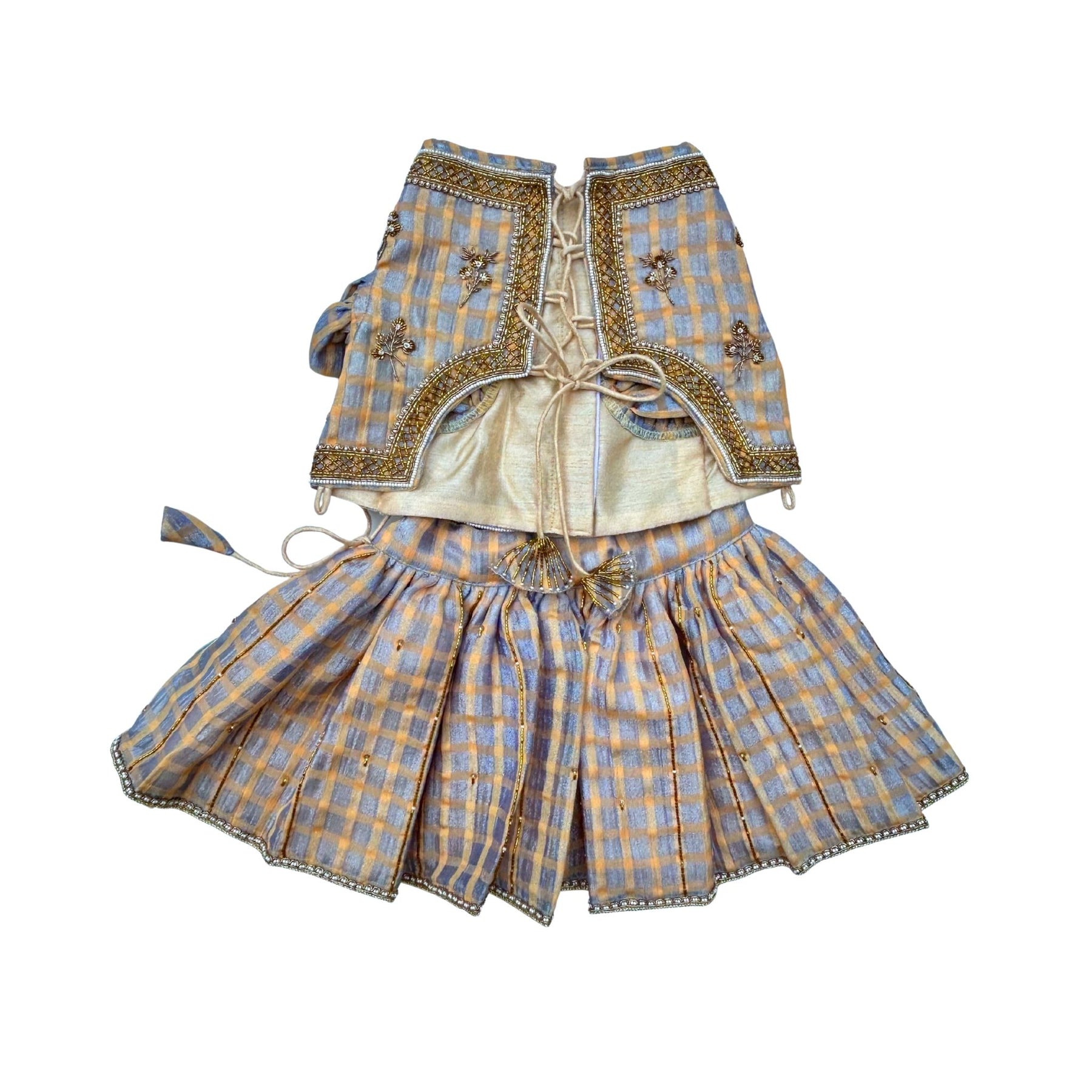 BEIGE BLUE DAINTY EMROIDERED TISSUE LEHENGA FOR DOGS AND CATS