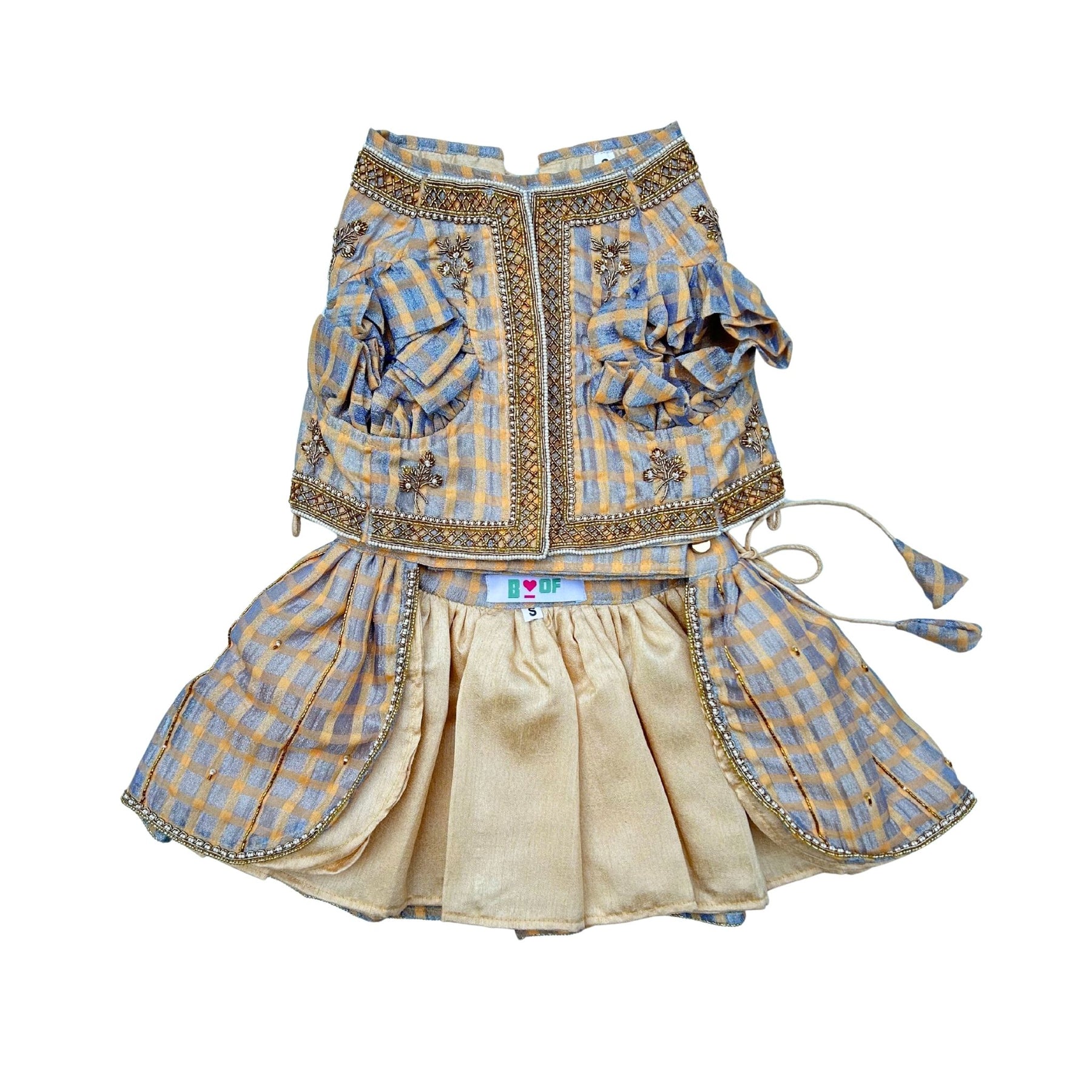 BEIGE BLUE DAINTY EMROIDERED TISSUE LEHENGA FOR DOGS AND CATS